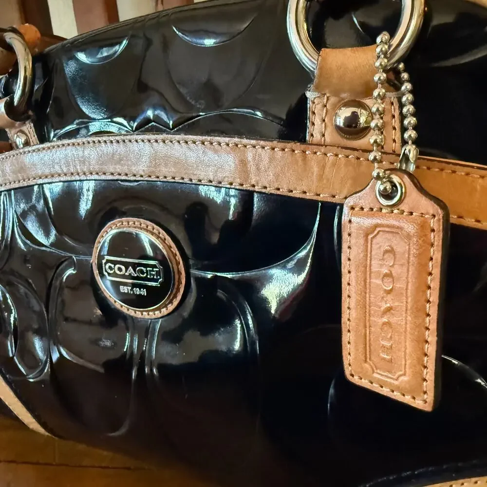 Coach Peyton Signature Embossed Patent Leather Satchel Black/Tan